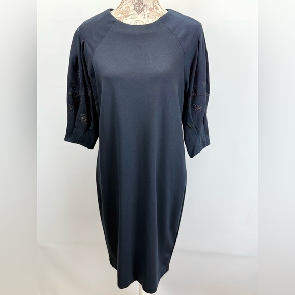 H&M Navy embroidered puff sleeve midi shift dress size M - Picture 2 of 13